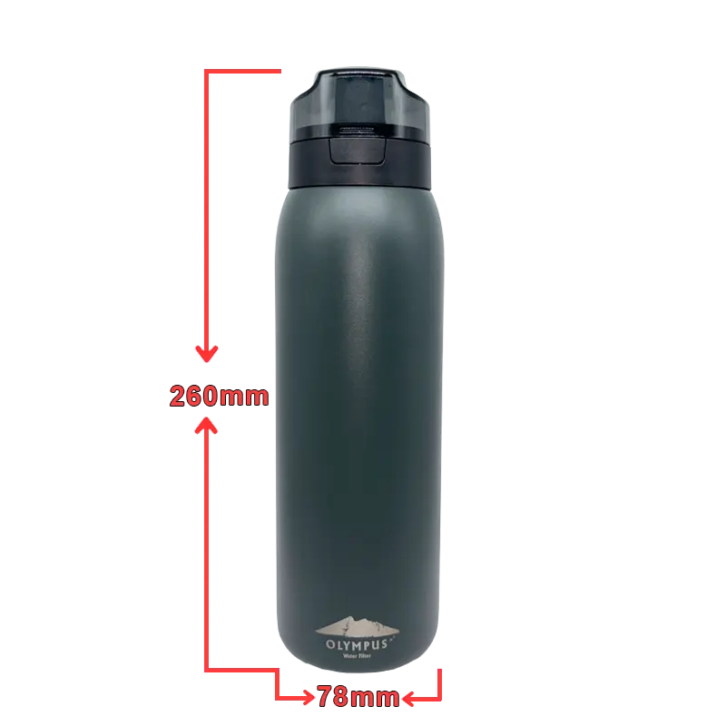 Dark green Olympus water bottle with black lid, standing upright; 260 mm tall and 78 mm wide