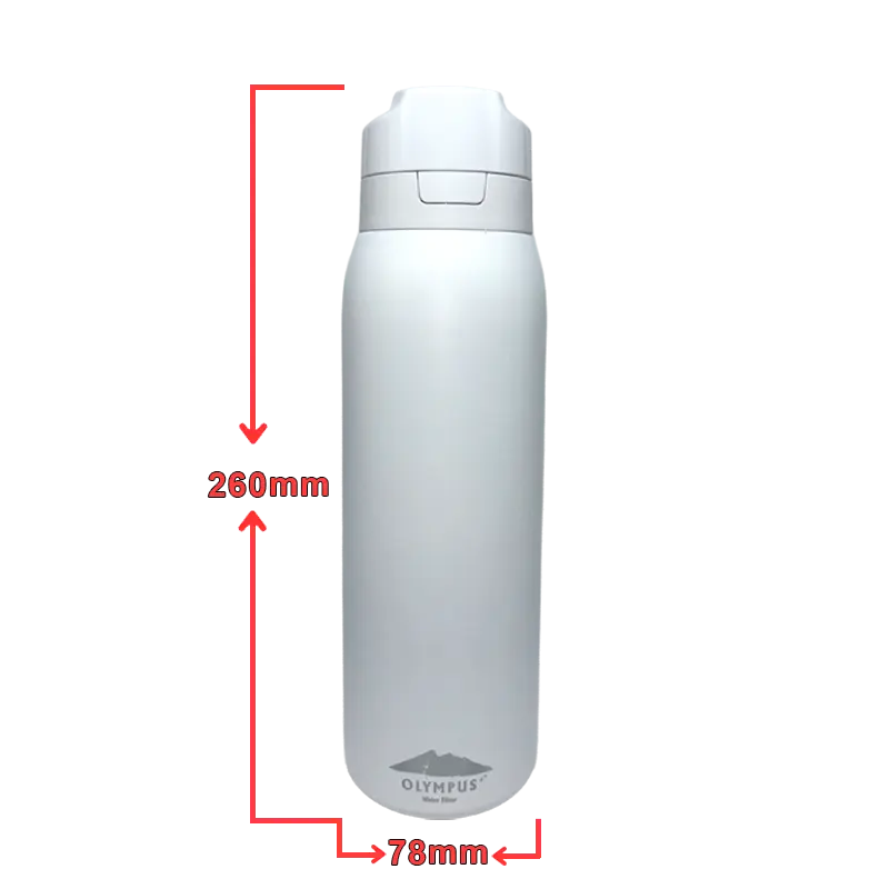 Olympus stainless steel water bottle, 260 mm tall and 78 mm diameter, white with gray cap.
